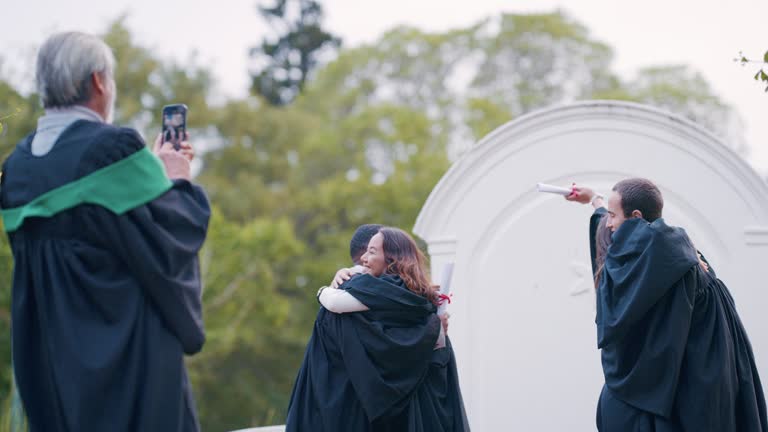 graduate photo and happy people hug for university learning achievement