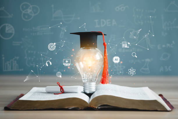 Graduation cap with a lightbulb on the book and icon learning in the classroom. Education learning concepts in school or university. Idea knowledge of innovative technology, science, and mathematics. Graduation cap with a lightbulb on the book and icon learning in the classroom. Education learning concepts in school or university. Idea knowledge of innovative technology, science, and mathematics. College stock pictures, royalty-free photos & images